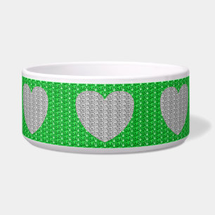 Dog Bowl Silver Green Heart Glitter