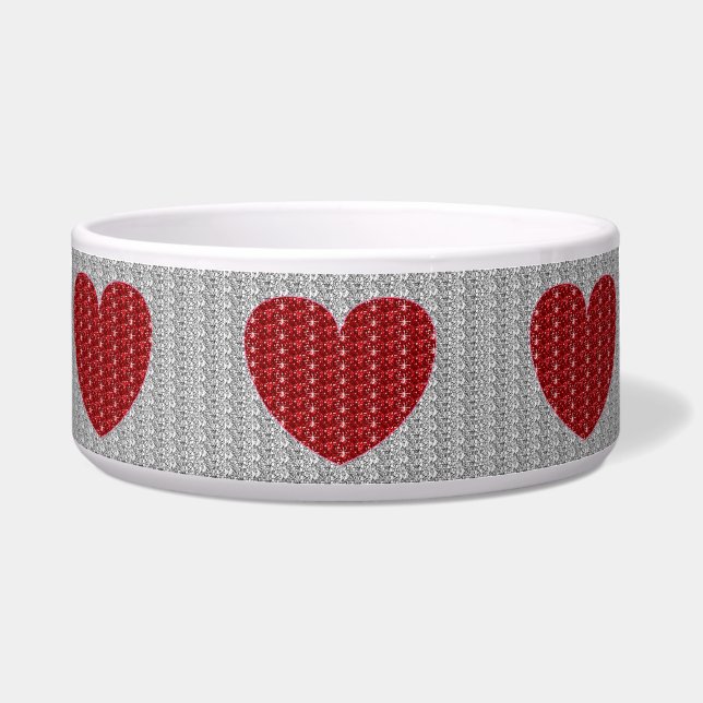 Dog Bowl Silver Red Heart Glitter (Front)