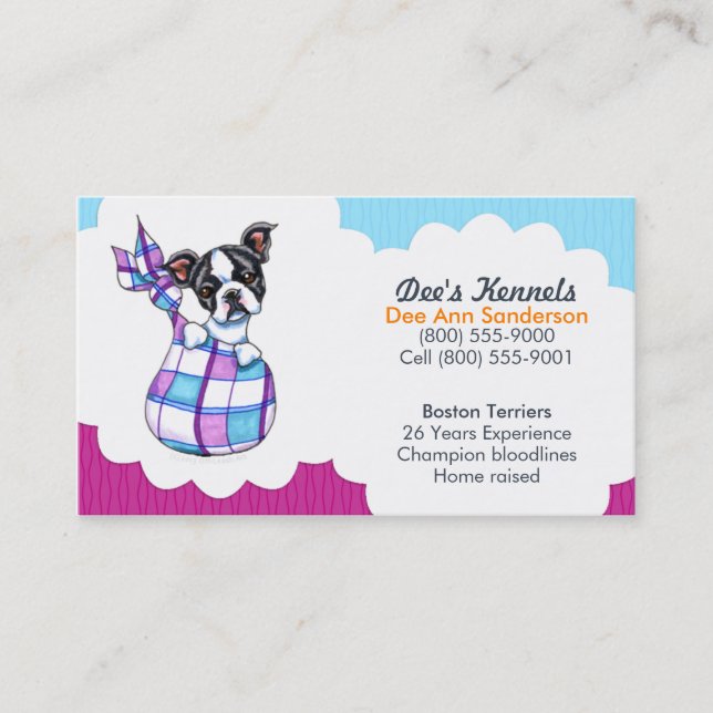 Dog Breeder Boston Terrier Puppy Blue Plum Business Card (Front)