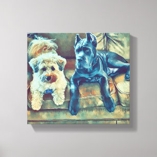 Dog buddies on a sofa. Maltipoo and Cane Corso Canvas Print