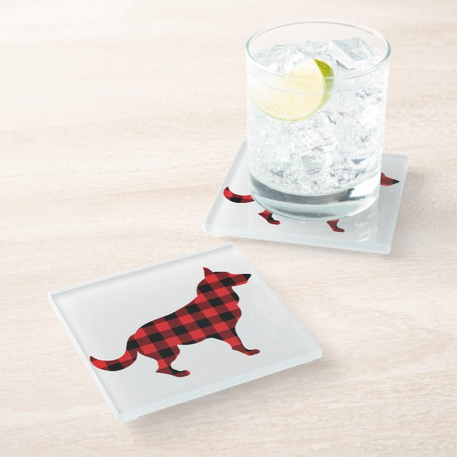 Dog Buffalo Plaid Design Glass Coaster (Angled)