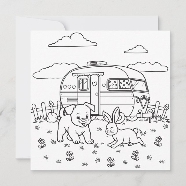 Dog, Bunny and Camp  | Kid's Camping Coloring Page (Front)