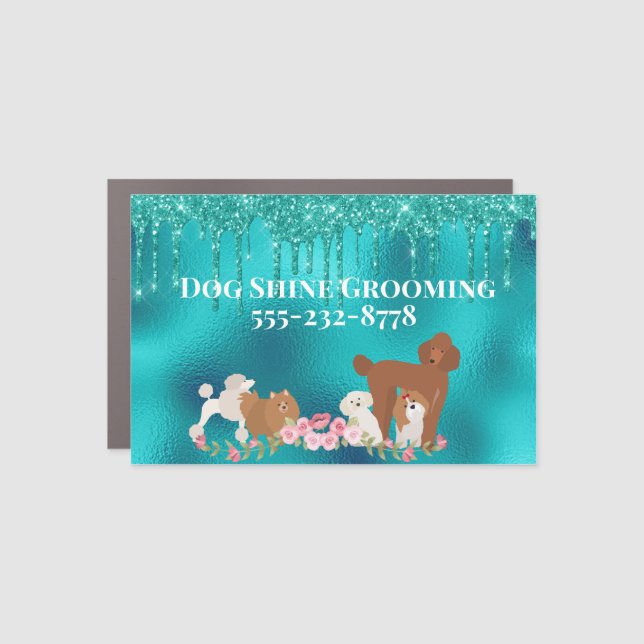Dog Business Grooming Pet Sitting Glitter Car Magnet (Front)