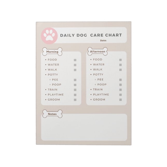 Dog Care Chart, Dog Chore List, Pet Care Chart Notepad (Rotated)