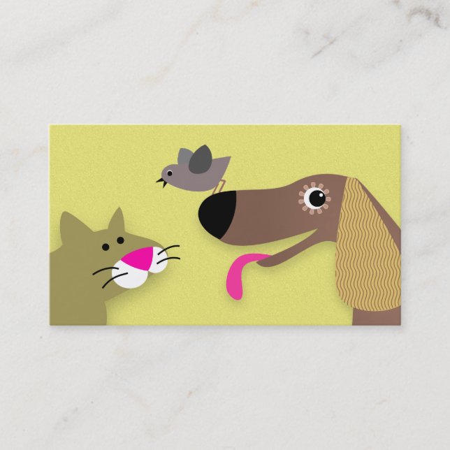 Dog Cat and Bird - yellow Business Card (Front)
