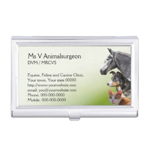 Dog, cat and horse on a green shaded background case for business cards