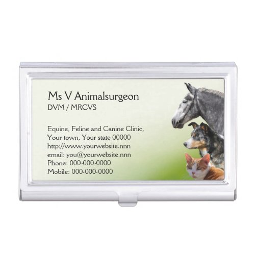 Dog cat and horse on a green shaded background case for business cards