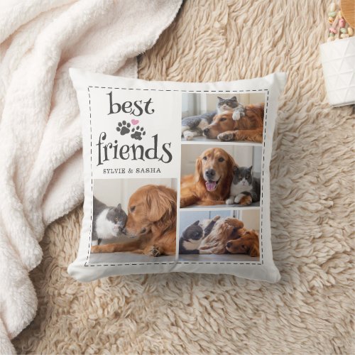 Dog Cat Best Friends Pawprints 4 PhotoS Custom Throw Pillow