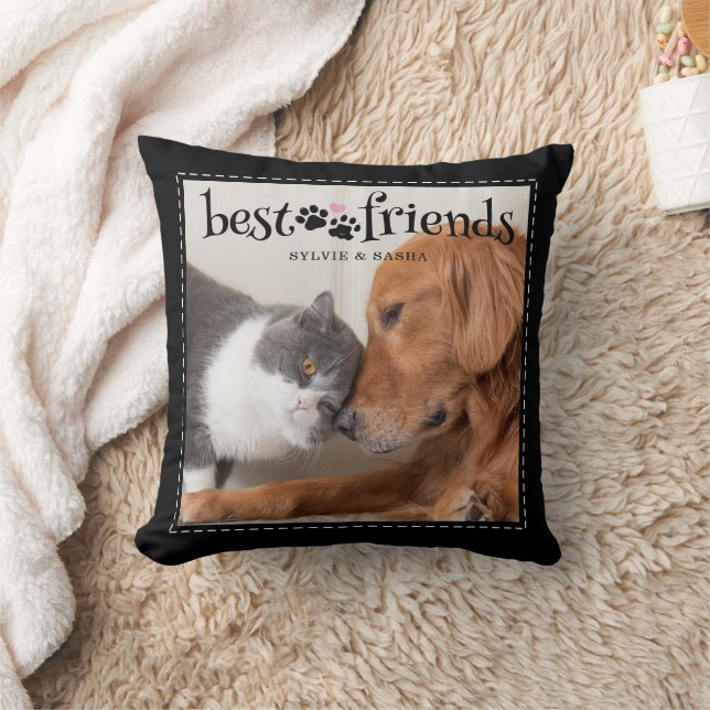 Dog Cat Best Friends Pawprints One Photo Custom Throw Pillow (Blanket)