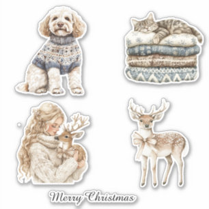Dog Cat Deer Girl Christmas Sticker