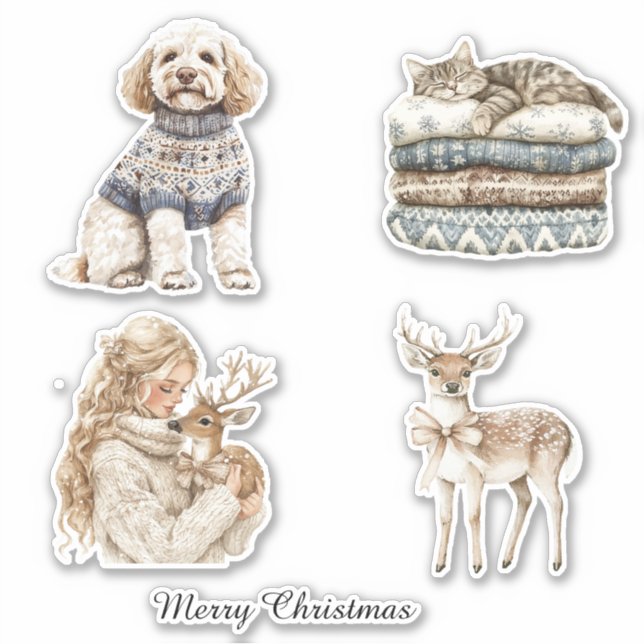 Dog Cat Deer Girl Christmas Sticker (Front)