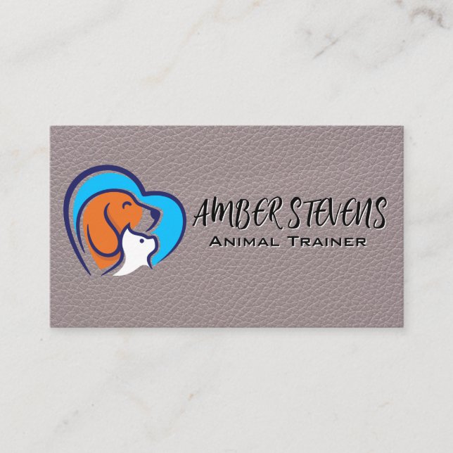 Dog Cat Heart Logo | Leather Background Business Card (Front)