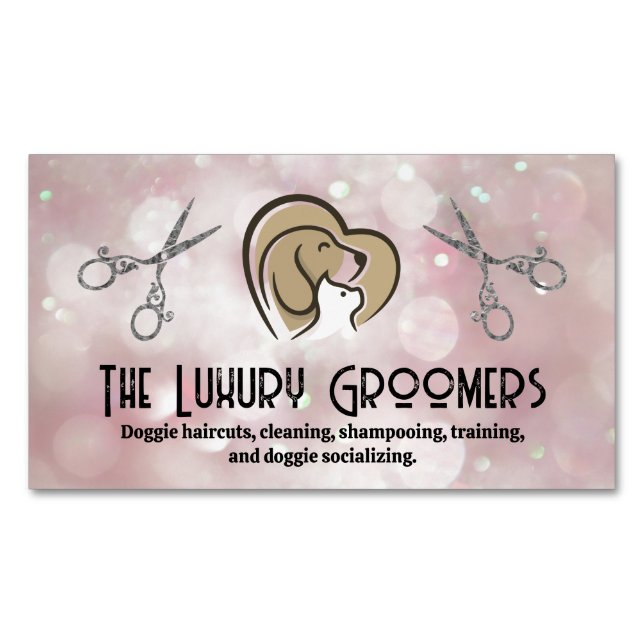 Dog Cat Heart Logo | Scissors | Bokeh Business Card Magnet (Front)