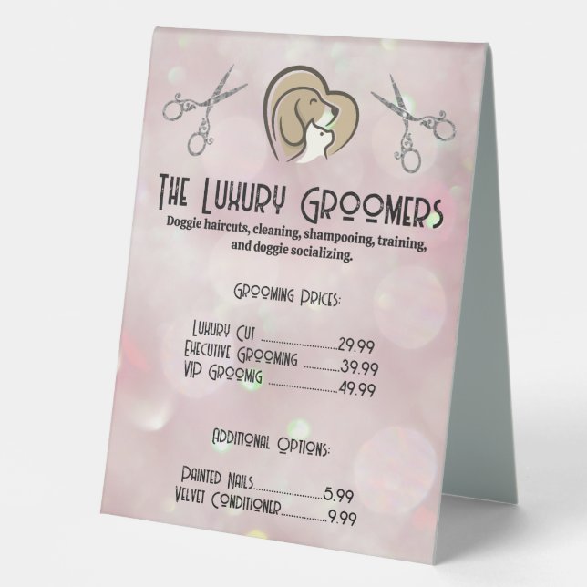 Dog Cat Heart Logo | Scissors | Bokeh Table Tent (Front)