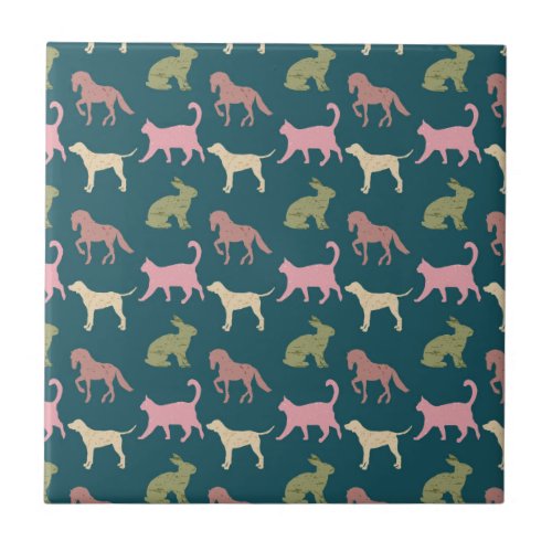 Dog Cat Horse Animal Silhouettes Pattern Ceramic Tile