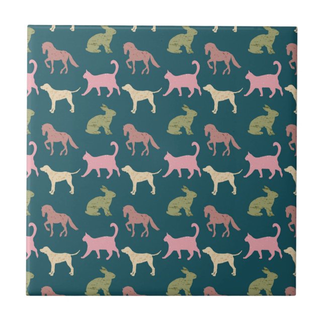 Dog Cat Horse Animal Silhouettes Pattern Ceramic Tile (Front)