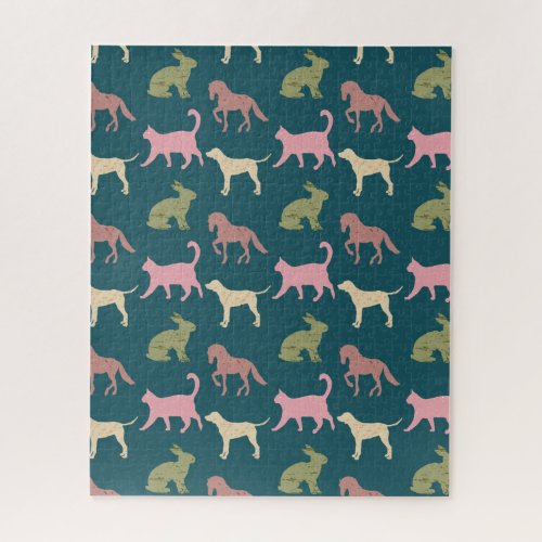 Dog Cat Horse Animal Silhouettes Pattern Jigsaw Puzzle