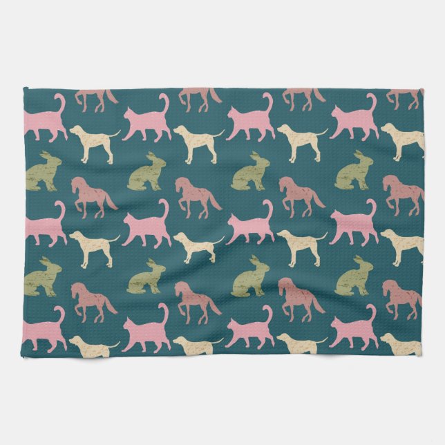 Dog Cat Horse Animal Silhouettes Pattern Kitchen Towel (Horizontal)