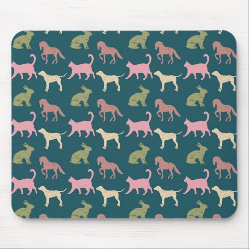 Dog Cat Horse Animal Silhouettes Pattern Mouse Pad
