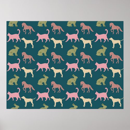 Dog Cat Horse Animal Silhouettes Pattern Poster