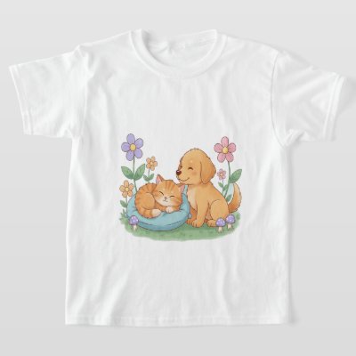 Dog &amp; Cat in Nature – Cute Animal T-Shirt for Pet 