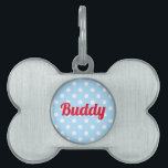 Dog Cat Kitty Pup Name Cute Retro Blue Polka Dots Pet ID Tag<br><div class="desc">Create your own custom, personalized, bold christmas red rustic vintage western script / typography custom name at front and back, and retro cool chic stylish geometric trendy light blue and white polka dots pattern background, UV resistant and waterproof, burnished silver bone-shaped pet dog cat doggy puppy kitten kitty ID name...</div>
