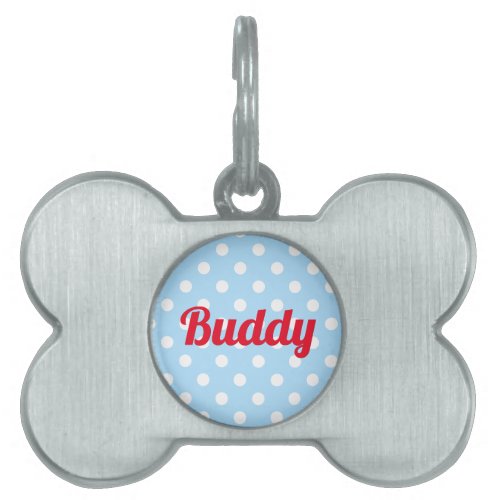 Dog Cat Kitty Pup Name Cute Retro Blue Polka Dots Pet ID Tag