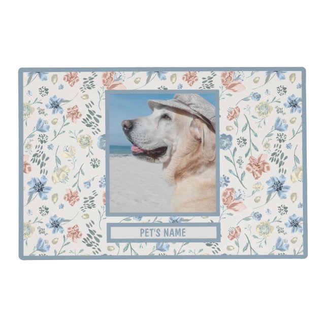 Dog Cat Lovers Floral Photo Name Pet Food Placemat (Front)
