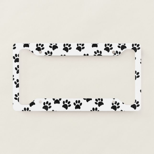 Dog cat Paw Prints Black White License Plate Frame (Front)