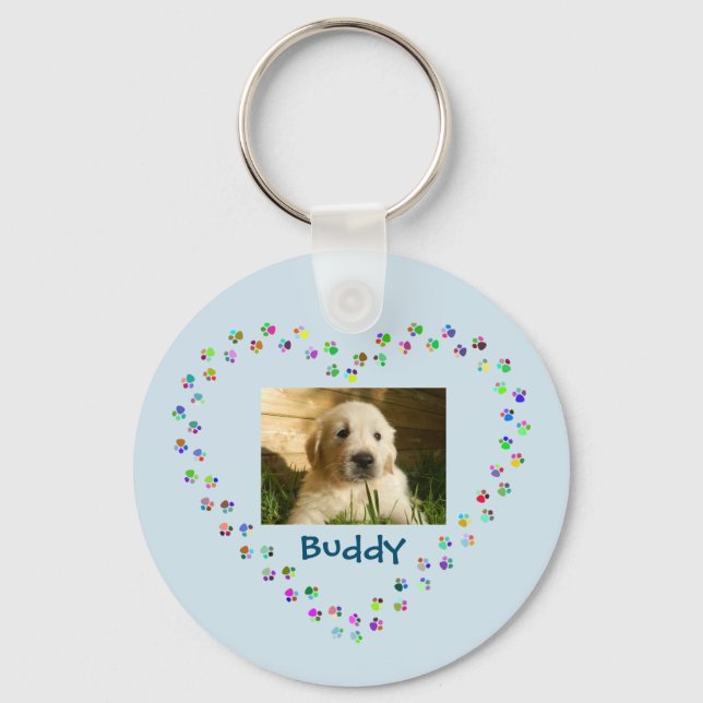 Dog Cat Paw Prints Heart Pet Photo Keychain (Front)
