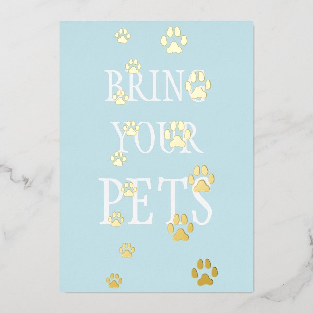 Dog & Cat Paw Prints Pet Friendly Custom Blue Foil Invitation (Front)
