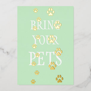 Dog & Cat Paw Prints Pet Friendly Custom Green Foil Invitation