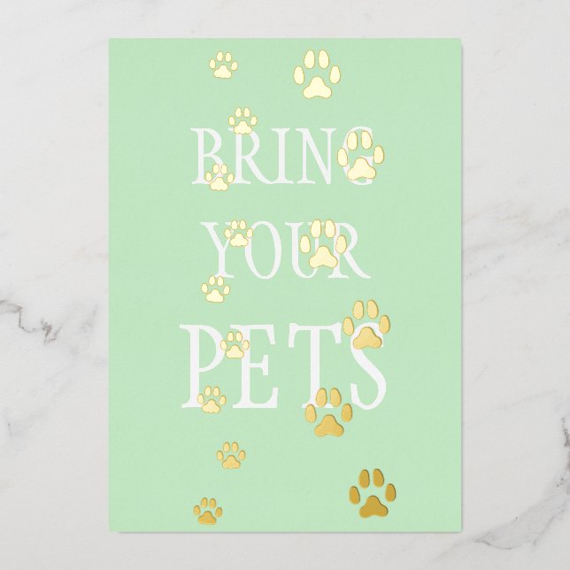 Dog & Cat Paw Prints Pet Friendly Custom Green Foil Invitation (Front)