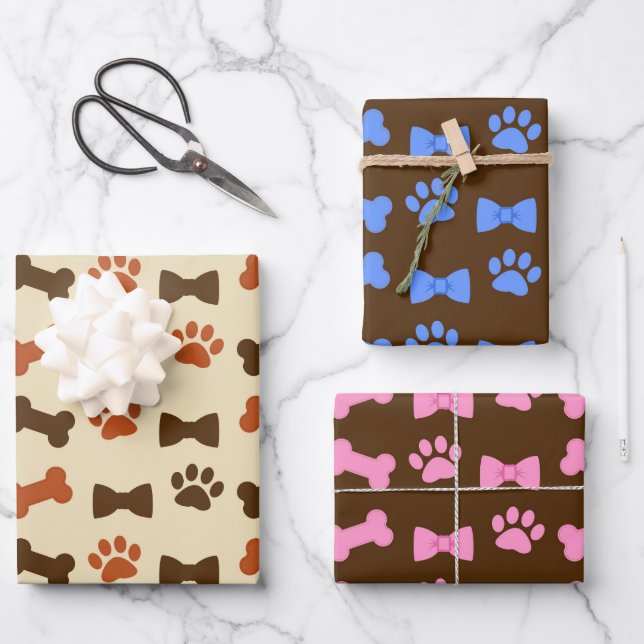 Dog Cat Paws and Ribbons Pattern Wrapping Paper Sheets (Front)