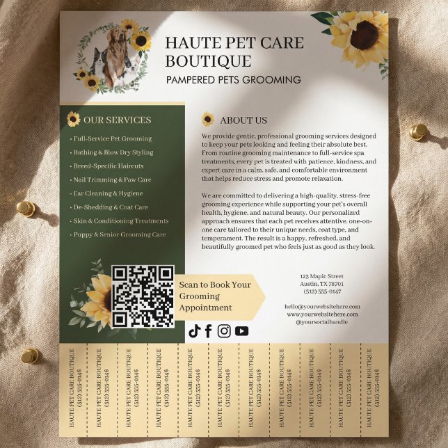  Dog Cat Pet Grooming Sunflower Tear Off Tabs Flyer (Dog Cat Pet Grooming Sunflower Tear Off Tabs Flyer)
