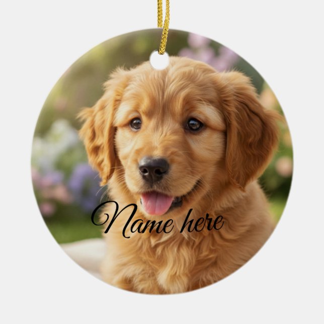 Dog cat pet name photo template simple minimal  ceramic ornament (Front)