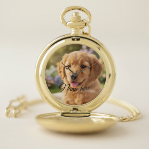 Dog cat pet name photo template simple minimal pocket watch