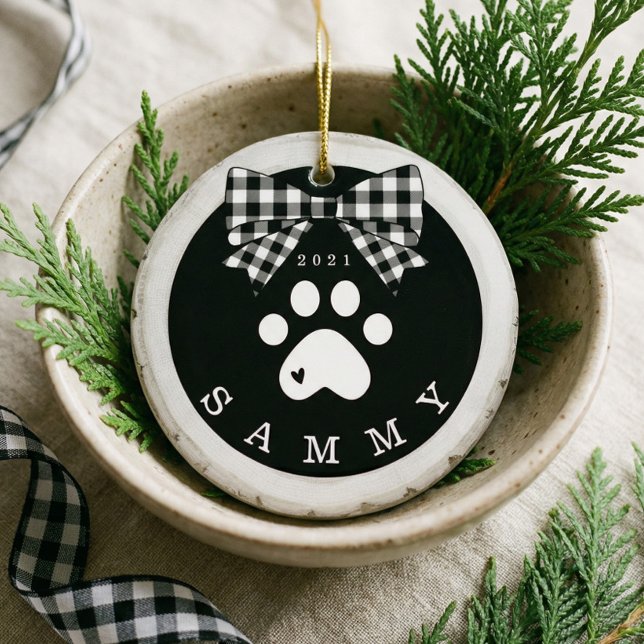 Dog Cat Pet Photo Black White Plaid Bow Keepsake Ceramic Ornament (Dog Cat Pet Photo Black White Plaid Bow Keepsake Ceramic Ornament)