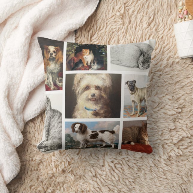 Dog Cat Pets 8 Photo Portrait Collage Keepsake Throw Pillow (Blanket)
