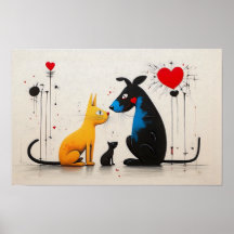 dog cat poster: Inspired by Miró