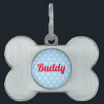 Dog Cat Puppy Kitty Name Cool Blue White Stars Red Pet ID Tag<br><div class="desc">Create your own custom, personalized, bold christmas red rustic vintage western script / typography custom name at front and back, and retro cool chic stylish geometric trendy light blue and white stars pattern background, UV resistant and waterproof, burnished silver bone-shaped pet dog cat doggy puppy kitten kitty ID name tag....</div>