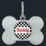 Dog Cat Puppy Name Modern Black White Checkered Pet ID Tag<br><div class="desc">Create your own custom, personalized, bold christmas red rustic vintage western script / typography custom name at front and back, and retro cool chic stylish geometric trendy black white checkered chequered checks checkers pattern background, UV resistant and waterproof, burnished silver bone-shaped pet dog cat doggy puppy kitten kitty ID name...</div>