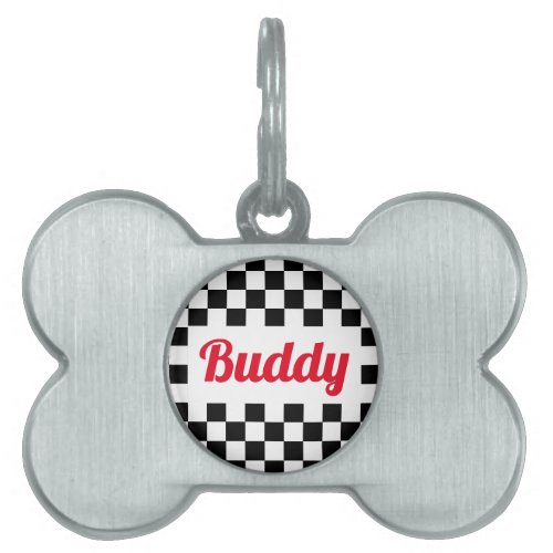 Dog Cat Puppy Name Modern Black White Checkered Pet ID Tag