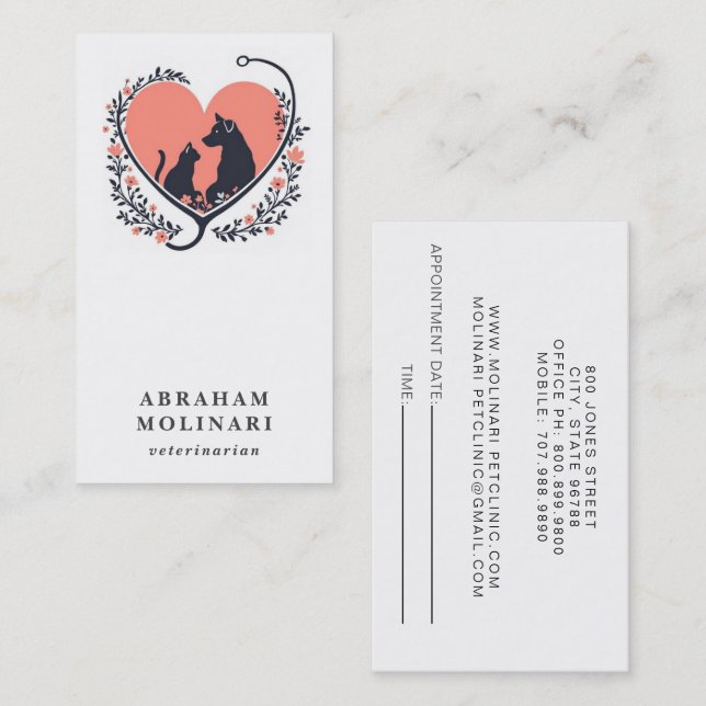Dog Cat Stethoscope Logo Veterinarian Appointment Business Card (Front/Back)