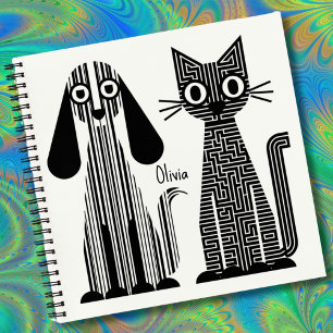 Dog & Cat,Stripes & Maze Pattern,Funny,Cute Custom Notebook