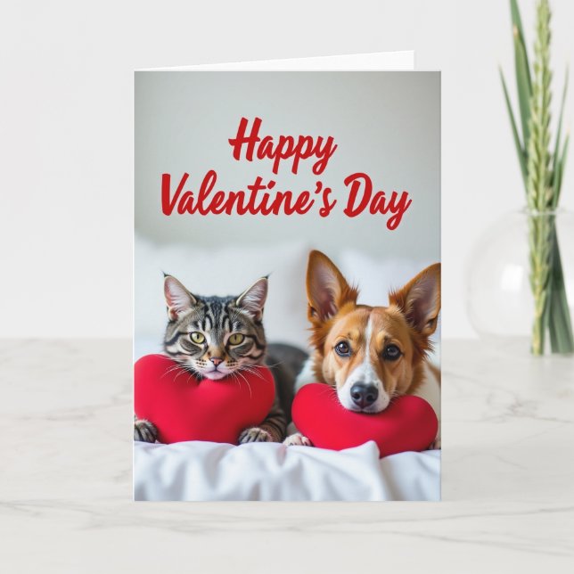Dog Cat Valentine Hearts Card (Front)