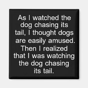 Dog Chasing Tail square magnet in black and white