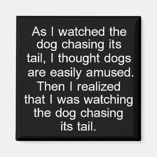 Dog Chasing Tail square magnet in black and white