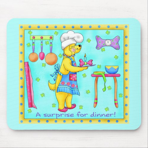 Dog Chef Cooking Dinner Art Turquoise Mousepad