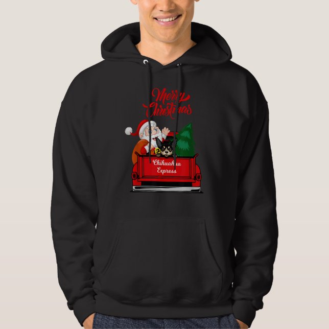 Dog Chihuahua With Santa Claus In Red Pickup Hoodie (Front)